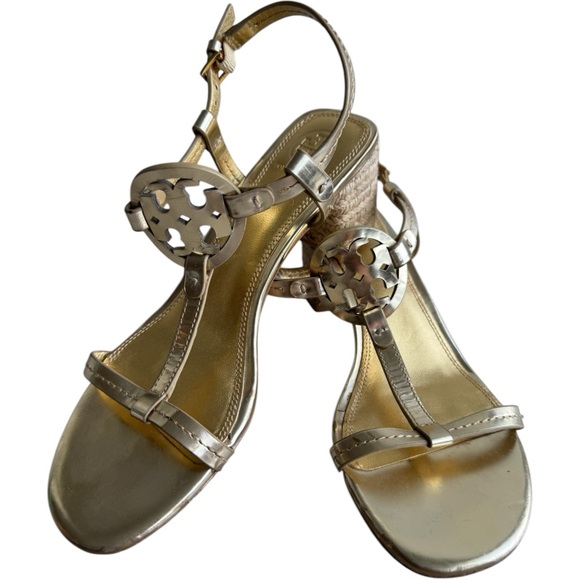TORY BURCH Miller Leather T-strap Block Heel Sandals | Gold Espadrille 7.5 - Picture 6 of 6